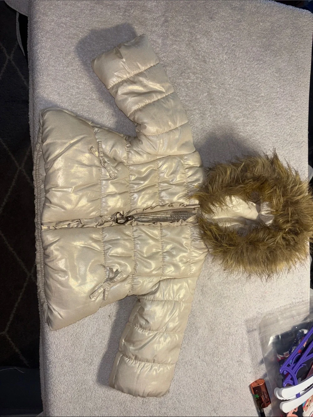 Metallic Cream Hooded Puffer Jacket with Faux-Fur Trim for Kids